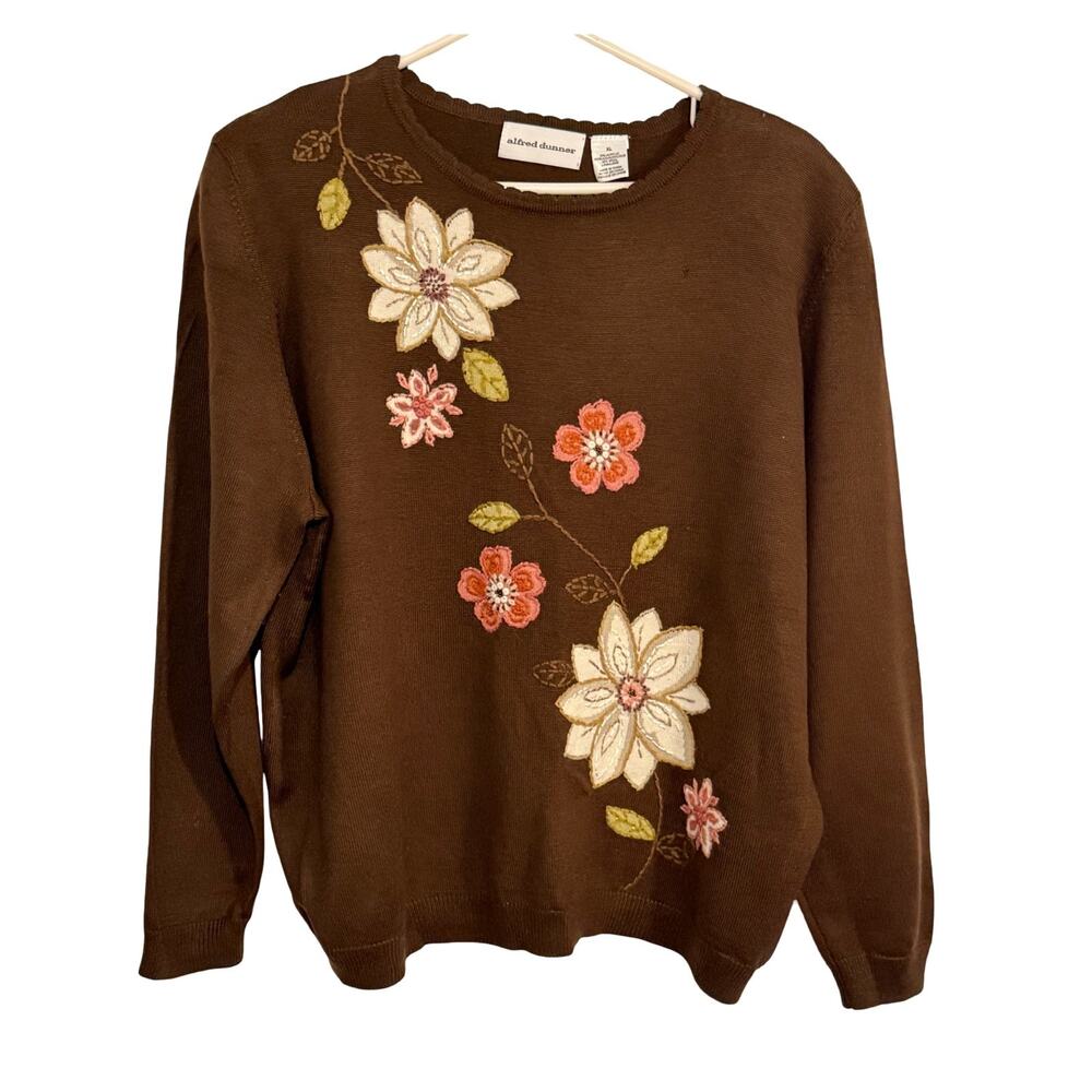 Alfred Dunner Sweater XL Brown Long Sleeve Floral Applique Shoulder Pads Vintage